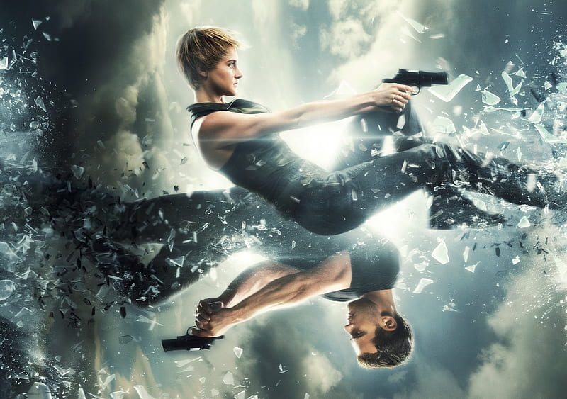 Insurgent (2015), poster, movie, divergent, Theo James, man, insurgent, saga, fantasy, gun, girl, actress, Shailene Woodley, couple, actor, blue, HD wallpaper