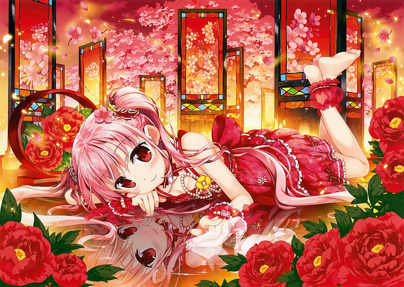 Relax, fujima takuya, red, girl, anime, flower, manga, HD wallpaper