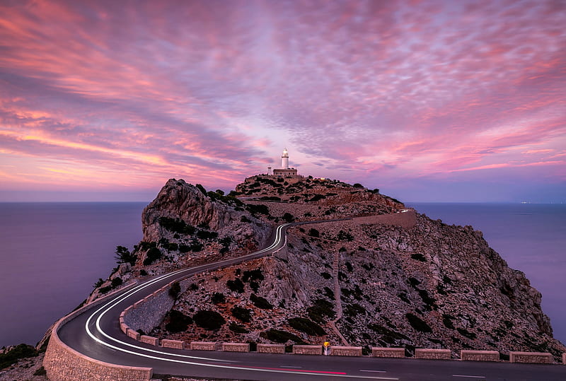⭐, lighthouse, destination, pink, landscape, road, nature, sky, blue, sea,  cliff, HD wallpaper Peakpx