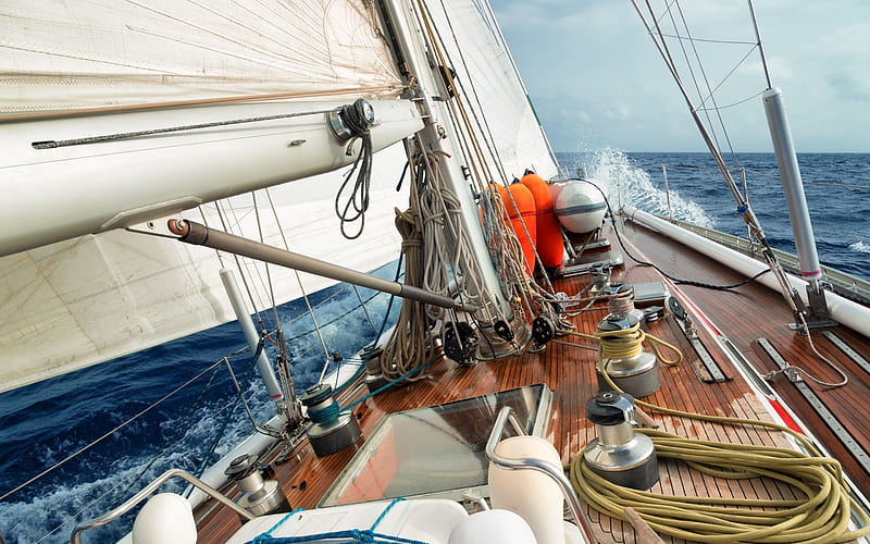 yacht, wave, wind, deck, sail, HD wallpaper