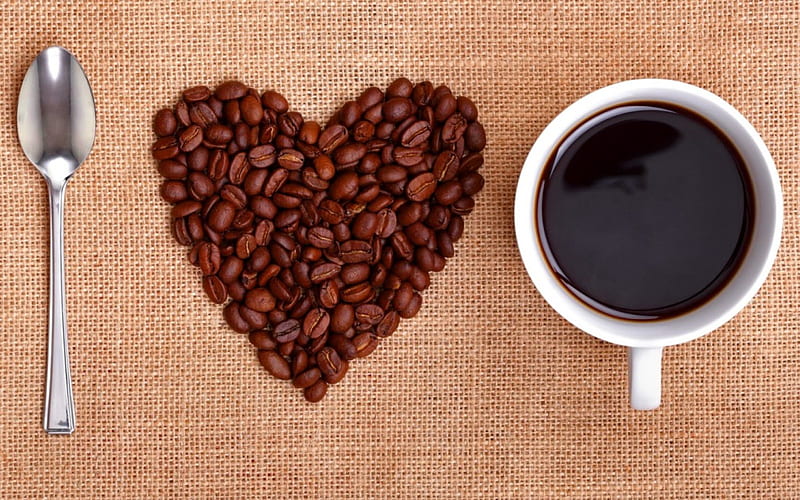 Love coffee, aromatic, pretty, table, lovely, spoon, dring, fresh, beans, bonito, nice, coffee, love, morning, HD wallpaper