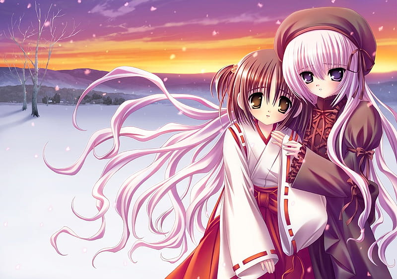 Two Cute Anime Girls Standing in the Snow, deep purple eyes, miko, purple hair, sunset, smiling, brown eyes, snowing, snow, anime, cute anime girls, black hair, HD wallpaper