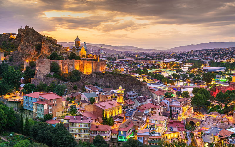 Tbilisi, Narikala, St Nicholas church, ancient fortress, evening, sunset, Tbilisi cityscape, skyline, Mtkvari River, Georgia, HD wallpaper