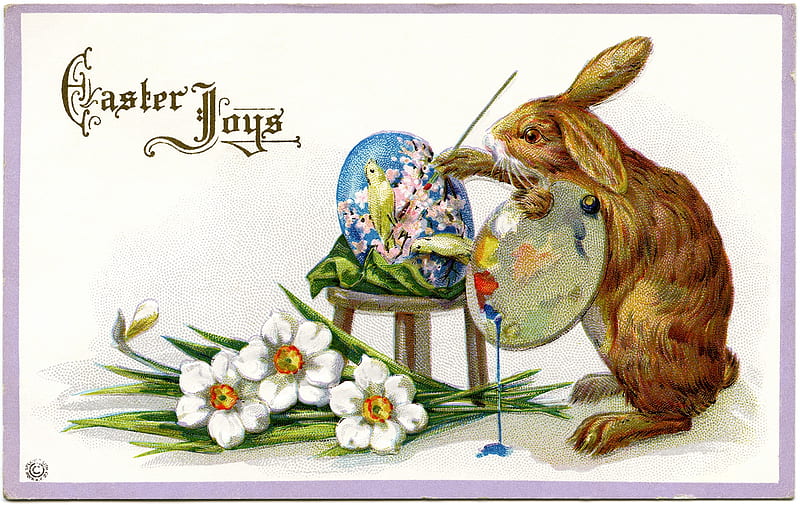 Happy Easter!, brown, rabbit, flower, bunny, easter, vintage, card, HD wallpaper