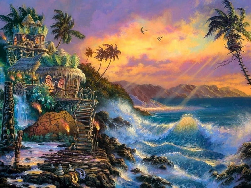 Magic of Hawaii, huts, shores, Hawaii, coconut trees, love four seasons, attractions in dreams, sea, fantasy, paintings, paradise, beaches, summer, seaside, nature, tropical, HD wallpaper