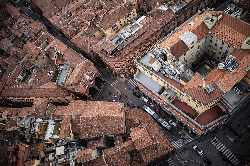 city, aerial view, street, roofs, HD wallpaper