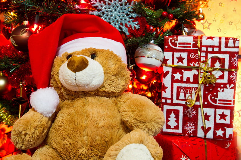Christmas Eve, red, pretty, christmas tree, christmas balls, christmas gifts, bonito, magic, bow, xmas, lights, sweet, graphy, ball, magic christmas, beauty, toys, lovely, christmas, ribbon, christmas ball, gift, hat, merry christmas, balls, teddy bear, gifts, HD wallpaper