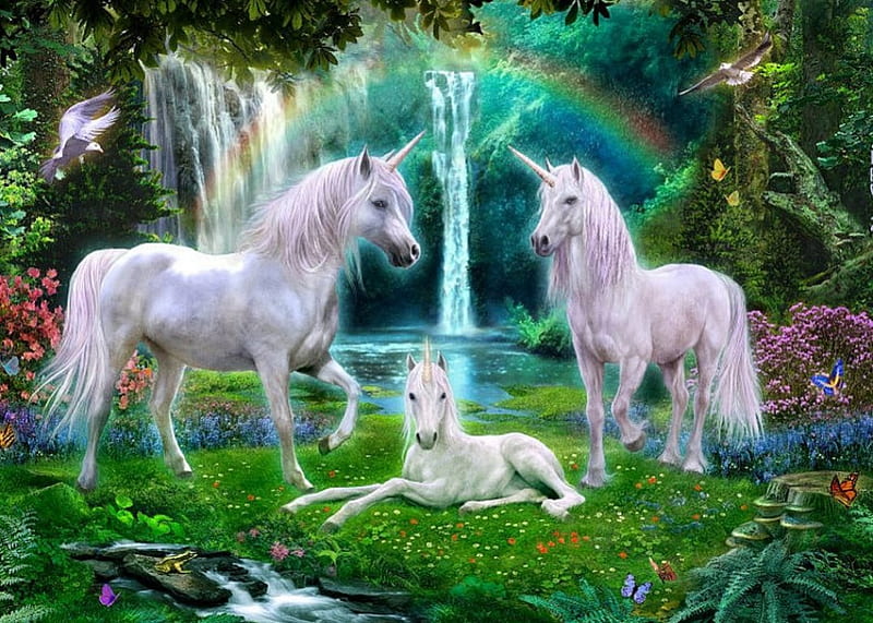 Unicorn Family, waterfall, fairyland, artwork, horses, HD wallpaper