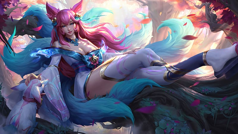 Spirit Blossom Ahri, pink, fantasy, league of legends, lol, girl, fox, HD wallpaper