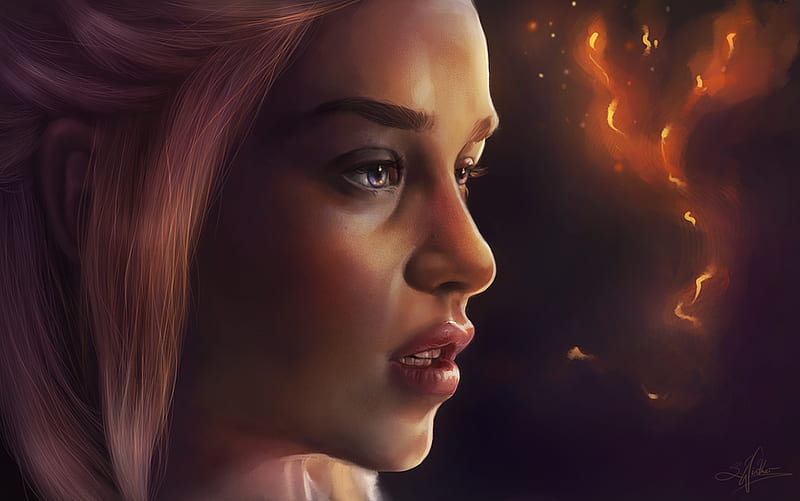 Breath of fire, art, luminos, orange, game of thrones, khaleesi, black, mother of dragons, fantasy, girl, daenerys targaryen, sandramalie, princess, HD wallpaper