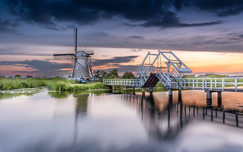 Kinderdijk, mill, sunset, evening, wooden bridge, Molenlanden, Netherlands, HD wallpaper