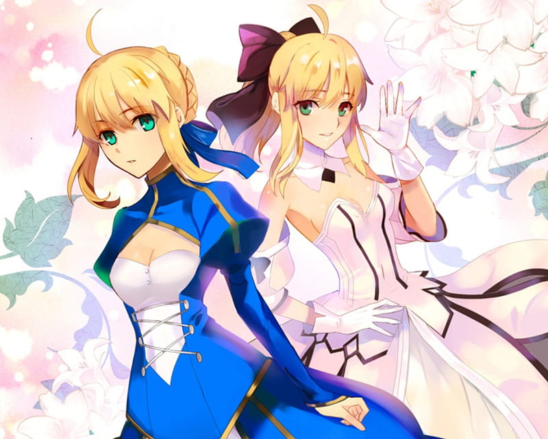 Blue n White, saber, pretty, dress, blond, saber lily, bonito, floral, sweet, double, nice, fate stay night, anime, beauty, anime girl, twins, blue, female, lovely, ribbon, blonde, blonde hair, sexy, blond hair, girl, flower, lily, white, HD wallpaper