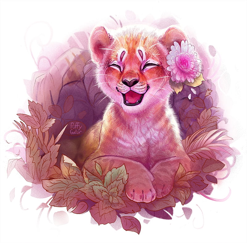 Happy lion cub, smile, pink, lion, art, puffygator, luminos, leu, happy, cute, fantasy, cub, flower, HD wallpaper