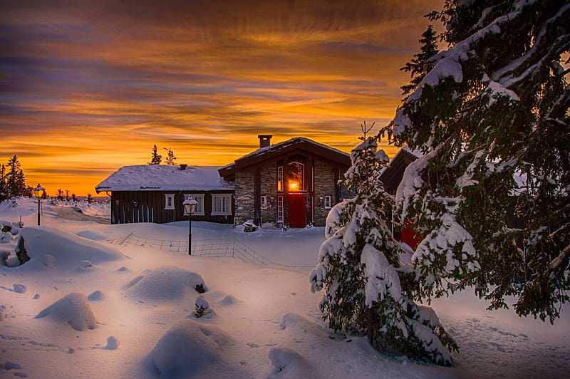 Countryside Winter, snow, cottage, sunset, trees, clouds, sky, HD wallpaper