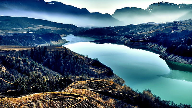 vineyards down to the river r, vineyards, mountains, river, r, fog, HD wallpaper