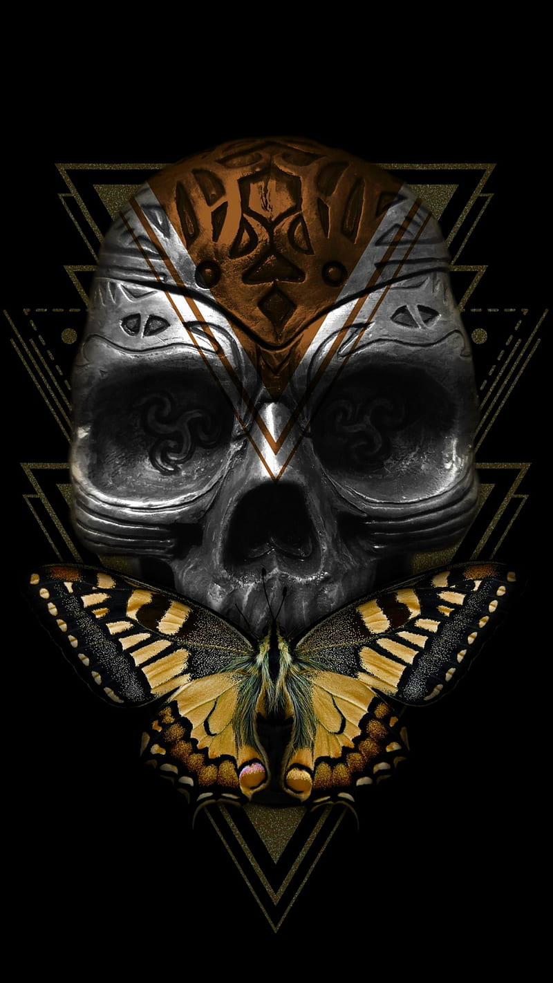 Skul and butterfly, skull, skulls, skulls, metal, head, black, teeth, HD phone wallpaper