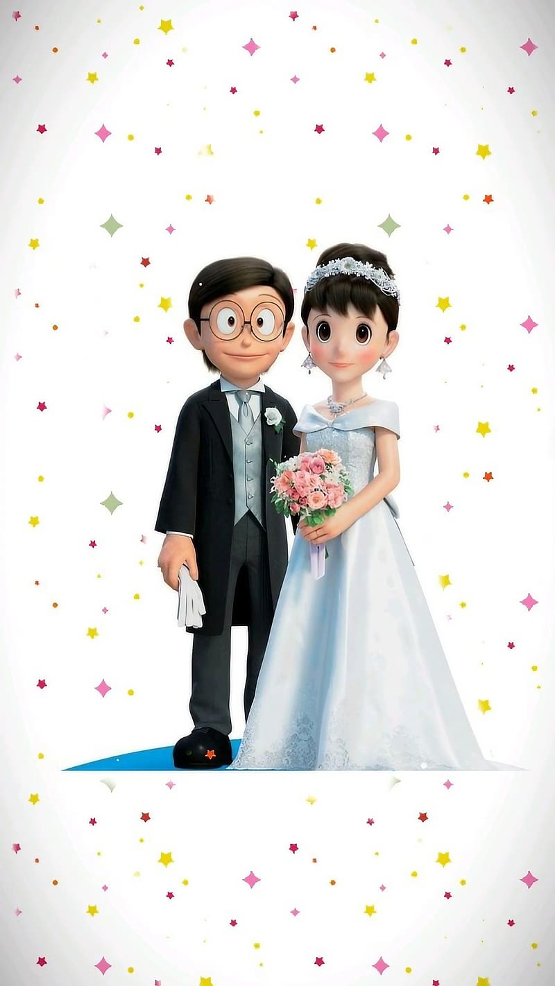 Nobita Shizuka Wedding, Wedding Dress, animated, cartoon, HD phone wallpaper