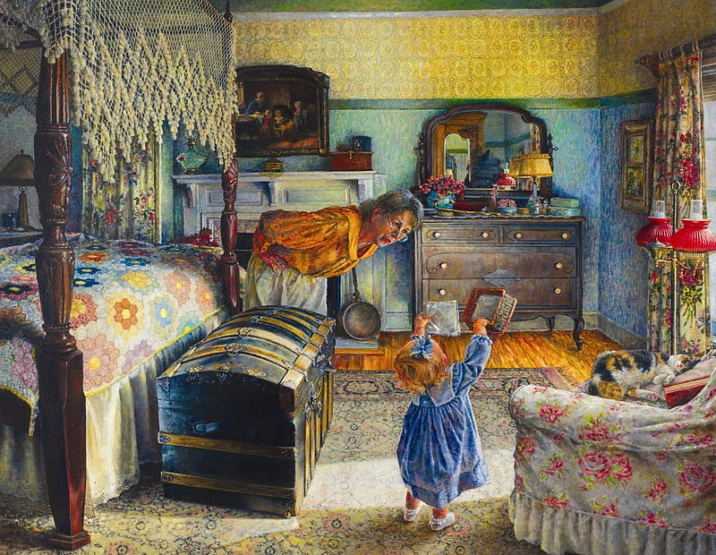 Grandma's treasure, art, treature, grandmother, susan brabeau, girl, painting, copil, child, room, pictura, HD wallpaper