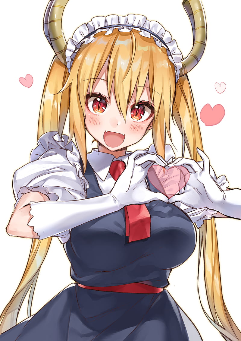 anime girls, Tohru (Kobayashi-san Chi no Maid Dragon), Kobayashi-san Chi no Maid Dragon, 2D, drawing, digital art, blonde, blond hair, twintails, long hair, maid, horns, maid outfit, dragon girl, simple background, white background, red tie, red eyes, Shirako Miso, gloves, HD phone wallpaper