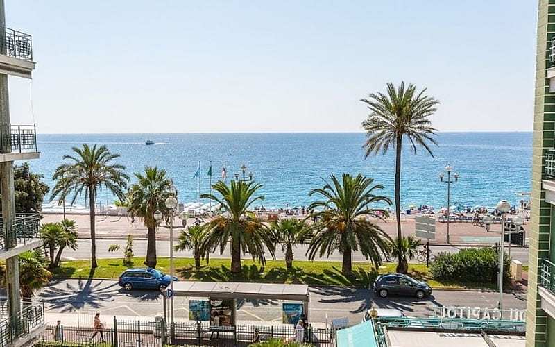 Promenade in Nice, France, Nice, France, palms, promenade, sea, HD wallpaper
