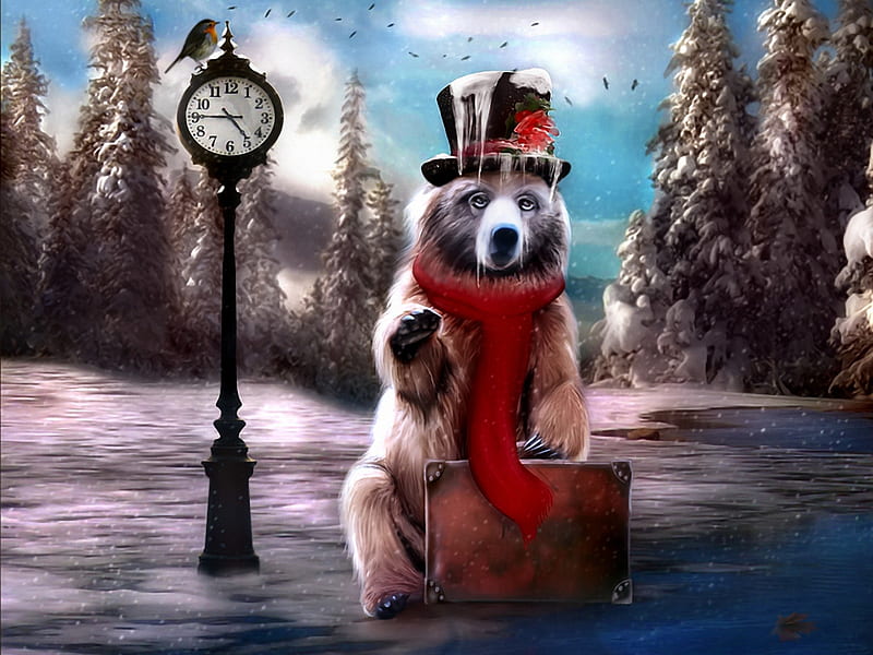 Travelling Bear, bus stop, bear, clock, trees, suitcase, winter, hat, snow, painting, ice, HD wallpaper