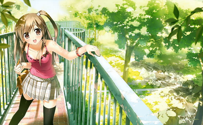 A Nice Day in the Park, light brown hair, highres, overhead walkway, pleated skirt, side ponytail, smiling, trees, pink tank top, Kantoku, watch, cute anime girl, summer, long hair, HD wallpaper