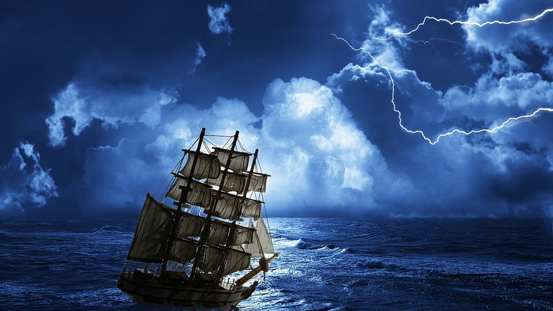 Sailing in a Thunderstorm, thunder, sails, bonito, waves, storm, sea, boat, lightning, night, HD wallpaper