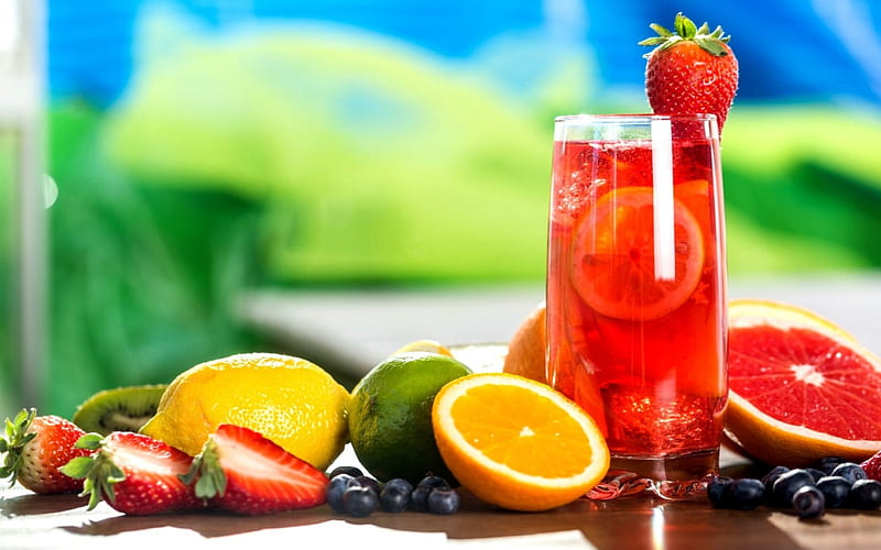 Fresh Fruit Drink, orange, fruits, lime, fruit, graphy, strawberries, drink, SkyPhoenixX1, cocktail, juice, refreshing, abstract, lemon, glass, berries, summer, HD wallpaper