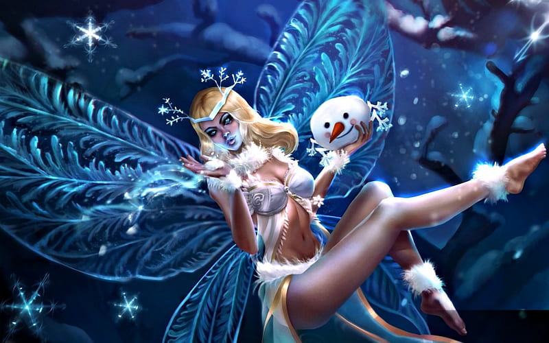 Snowflake Monarch, wings, Heroes of Newerth, game, monarch, woman, snowman, winter, snowflake, fantasy, butterfly, girl, white, fairy, blue, HD wallpaper