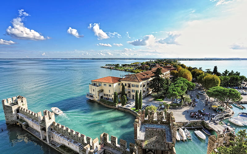 Sirmione Scaligero Castle, italian cities, summer, fortress, Lombardy, Italy, Europe, HD wallpaper