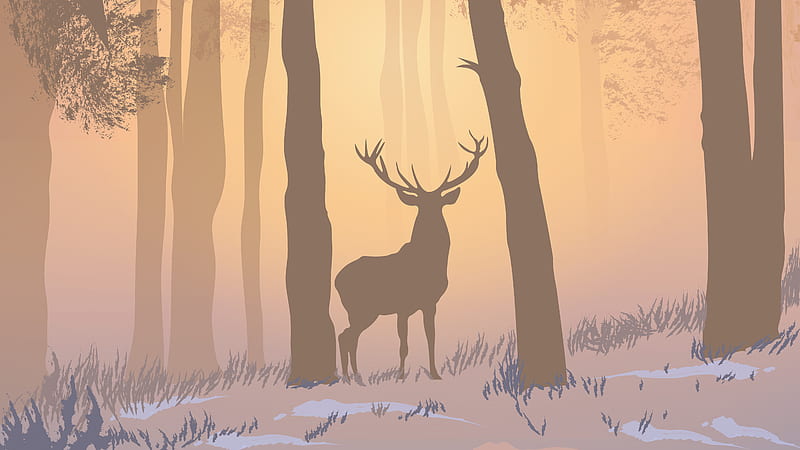 Reinnder Forest Foggy Morning , deer, reindeer, forest, minimalism, minimalist, artist, artwork, digital-art, HD wallpaper