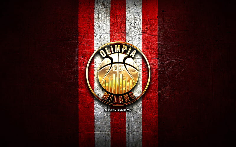 Olimpia Milano, golden logo, LBA, red metal background, italian basketball club, Lega Basket Serie A, Olimpia Milano logo, basketball, Pallacanestro Olimpia Milano, HD wallpaper