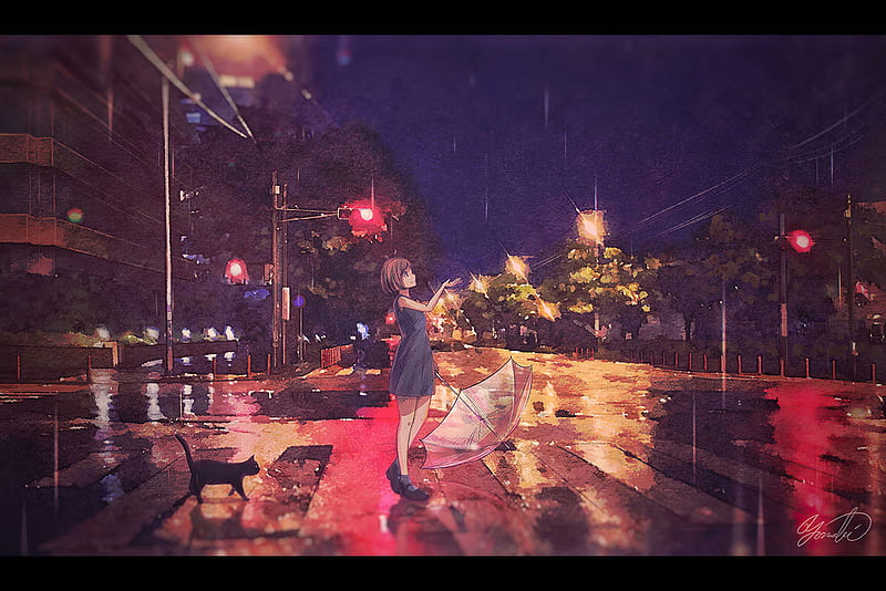 Anime, Original, Cat, Girl, Street, Umbrella, HD wallpaper