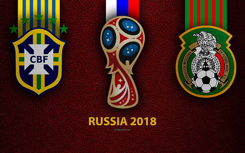 Brazil vs Mexico, Round 16 leather texture, logo, 2018 FIFA World Cup, Russia 2018, July 2, football match, creative art, national football teams, HD wallpaper