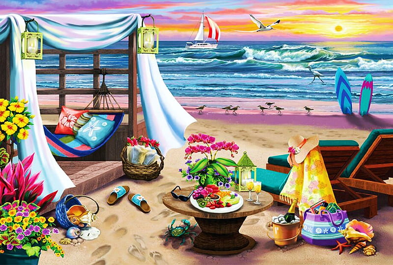 Summertime, utensils, beach, sea, digital, art, tent, sunset, HD wallpaper