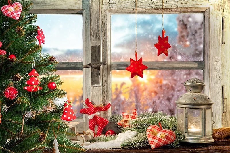 Christmas Decoration in The Window, tree, window, white, lantern, decorations, HD wallpaper