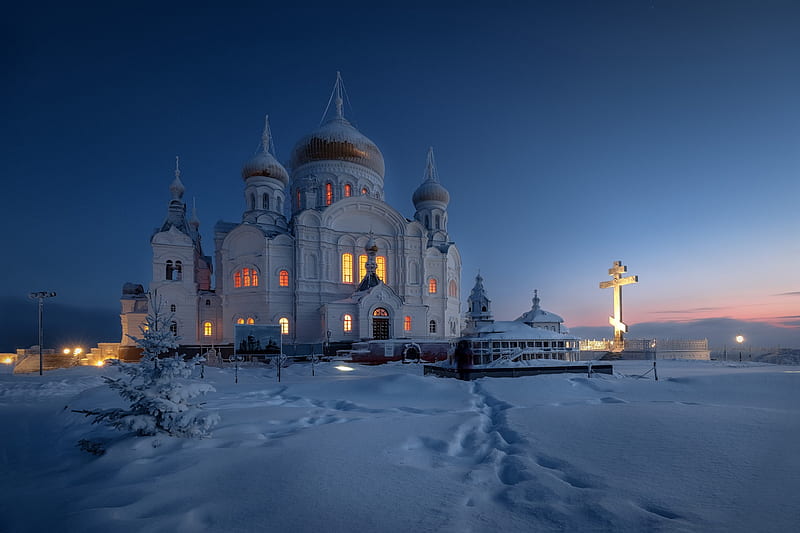 Religious, Monastery, Dome, Russia, Snow, Sunset, Temple, Winter, HD wallpaper