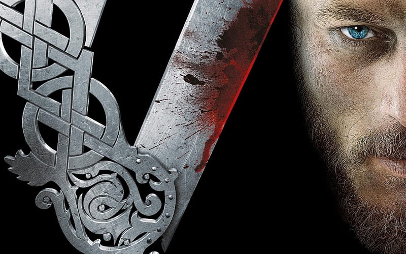 Vikings (2013– ), vikings, black, man, blood, ragnar, tv series, weapon, eyes, Travis Fimmel, actor, blue, HD wallpaper