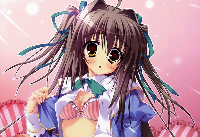 Anime Cutey, red, brown, bra, background, blush, yellow, ribbons