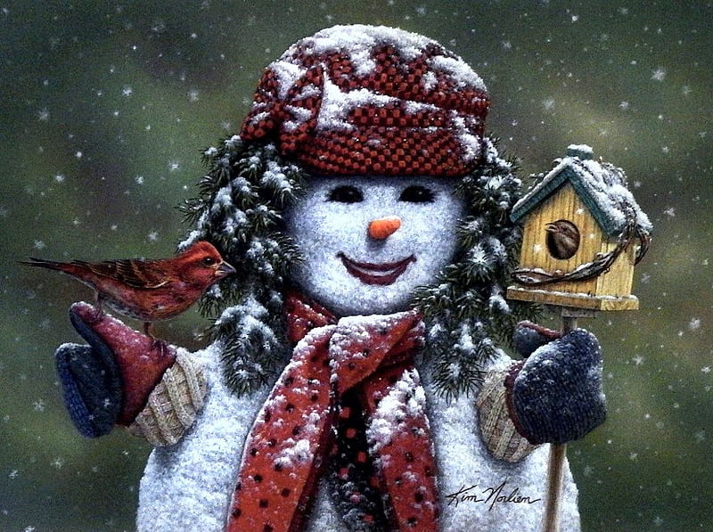 Winter Visitors, bird feeder, painting, birds, scarf, snowman, artwork, cardinal, hat, HD wallpaper