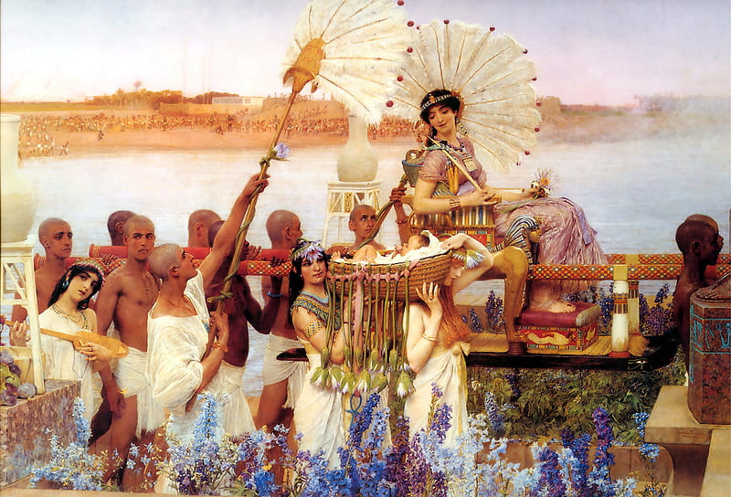 Baby Moses rescued, baby, women, men, people, slaves, painting, flowers, sitting, river, chair, fan, carried, princess, feathers, HD wallpaper