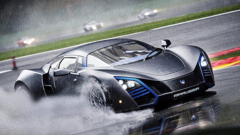 marussia b2, track, carbon fiber, rain, car, HD wallpaper
