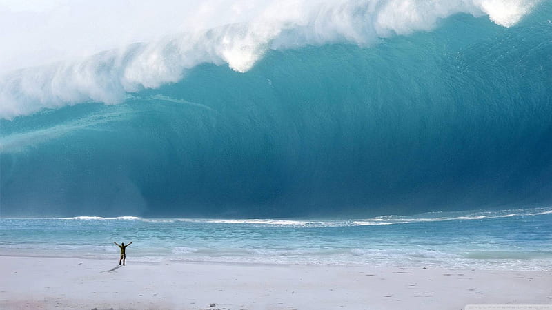 man vs tsunami, cool, funny, ocean, entertainment, HD wallpaper