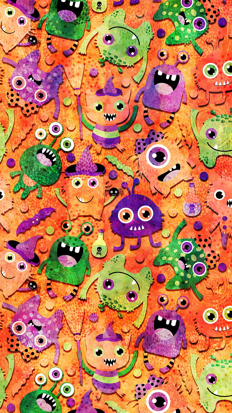 Halloween Monsters, Adoxali, Halloween, alien, animal, bat, beast, broom, cartoon, character, color, cool, creature, creepy, cute, cyclops, face, fantasy, funny, happy, hat, illustration, monster, party, pattern, scary, silly, smile, space, spider, spooky, spoopy, teeth, trick or treat, ugly, witch, HD phone wallpaper