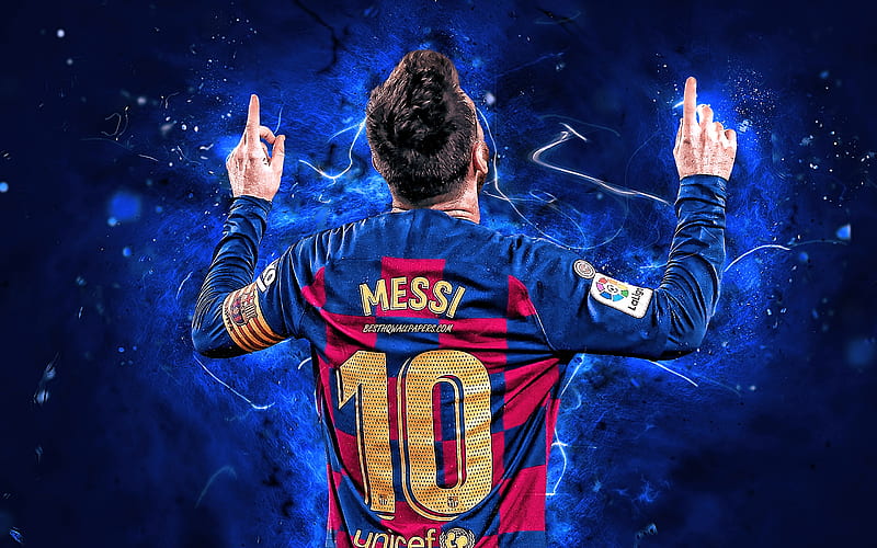 Lionel Messi, 2019, Barcelona FC, argentinian footballers, back view, FCB, football stars, La Liga, Messi, Leo Messi, LaLiga, Spain, neon lights, Barca, soccer, HD wallpaper