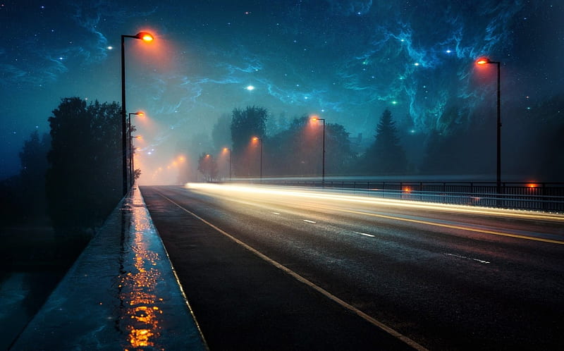Road on a Rainy Night, storms, lights, highway, graphy, streets, rain, road, blue, night, HD wallpaper