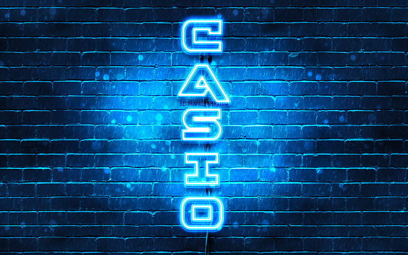 Casio blue logo, vertical text, blue brickwall, Casio neon logo, creative, Casio logo, artwork, Casio, HD wallpaper