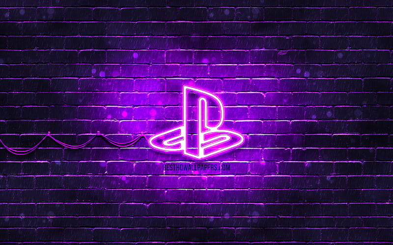 PlayStation violet logo violet brickwall, PlayStation logo, brands, PlayStation neon logo, PlayStation, HD wallpaper