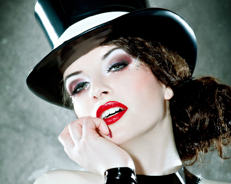 Beauty, red, model, black, woman, lips, la esmeralda, hat, girl, hand, face, HD wallpaper