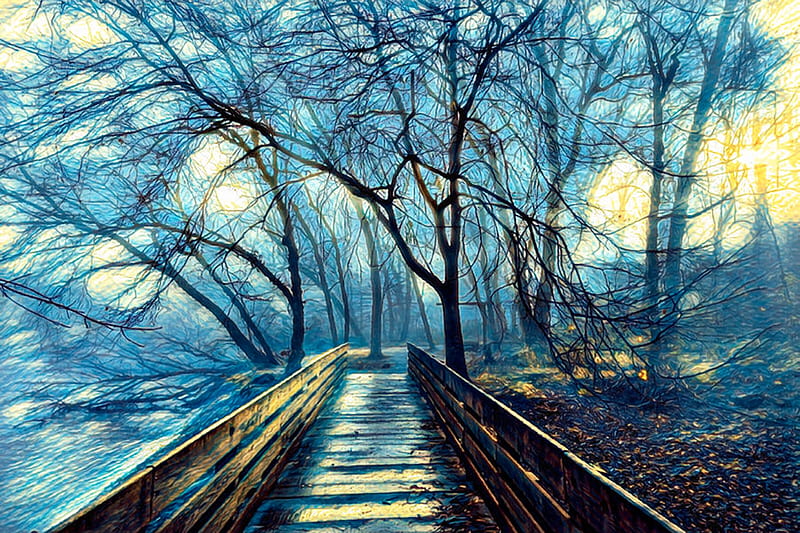 Quiet Morning Mist in Blue, late autumn, river, trees, bridge, HD wallpaper